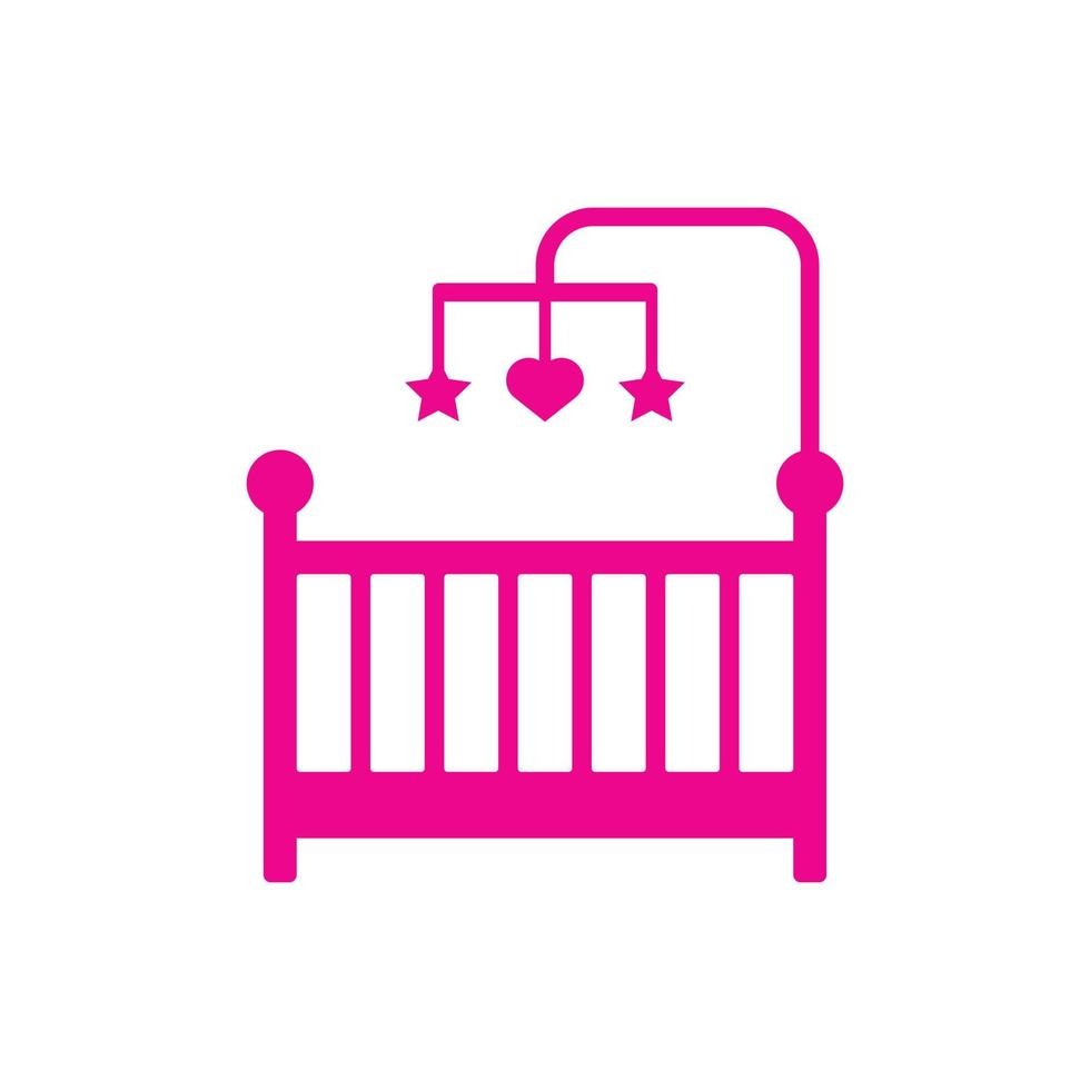 Berço de bebê vetor rosa eps10 ou cama infantil com ícone de brinquedos pendurados isolado no fundo branco. símbolo de cama de bebê em um estilo moderno simples e moderno para o design do seu site, logotipo e aplicativo móvel