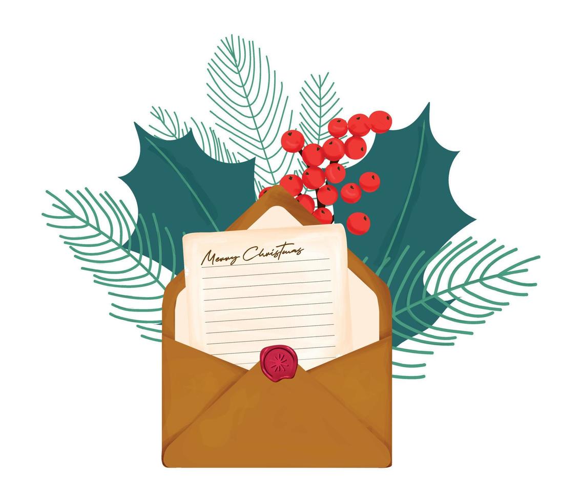 ilustração em vetor de uma carta de Natal. ornamento em forma de plantas de inverno. envelope de correspondência com carta em estilo vintage para banner de natal, anúncio ou design de cartão.