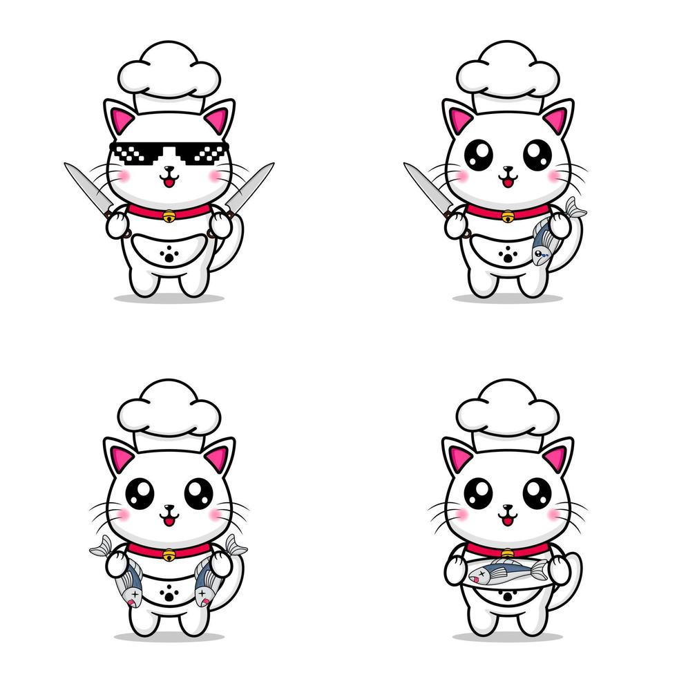 definir mascote de design de chef de gato fofo kawaii vetor