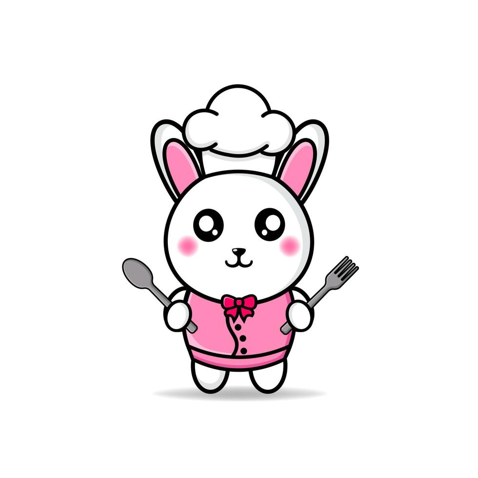 chef de coelho fofo traz design de mascote de talheres kawaii vetor