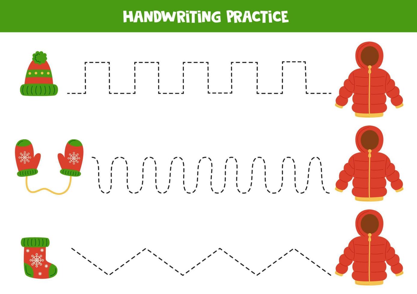 linhas de rastreamento para crianças. acessórios de inverno dos desenhos animados. prática da escrita. vetor