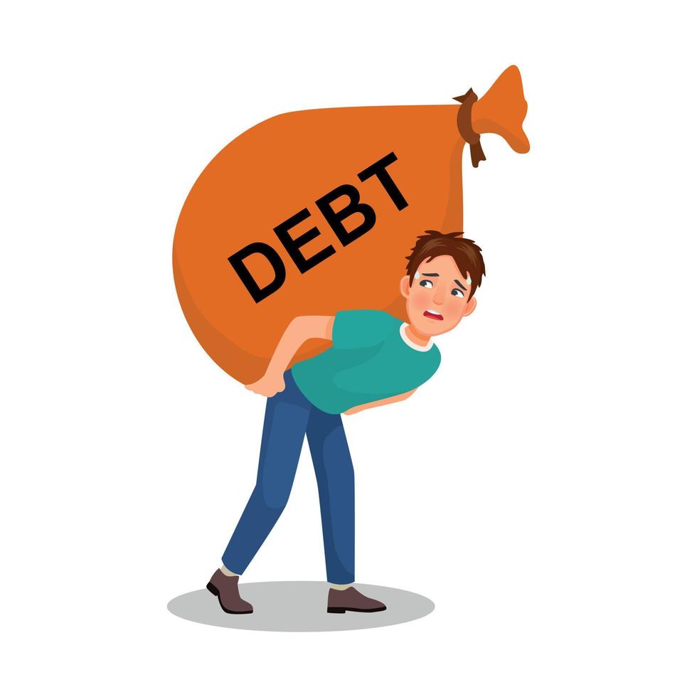 jovem empresário em dívida mostrando carregando grande fardo do saco de dívidas nas costas na crise financeira vetor