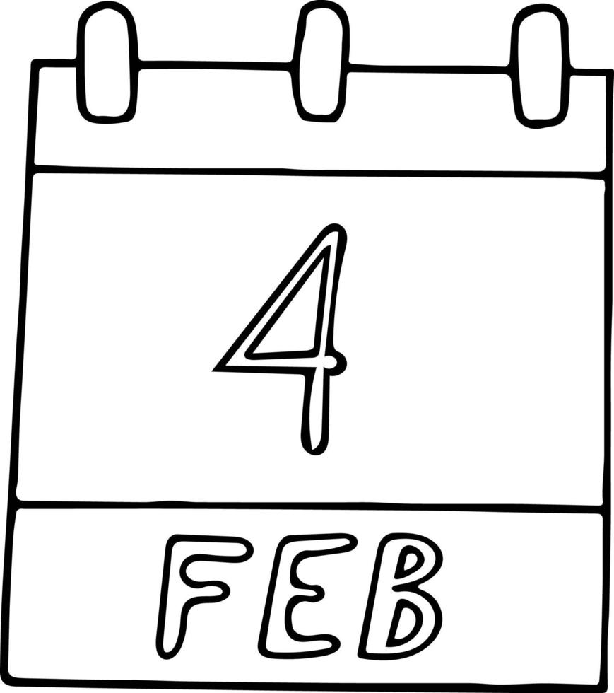 calendário desenhado à mão em estilo doodle. 4 de fevereiro. dia mundial do câncer, sopa caseira nacional, data. ícone, elemento de adesivo para design. planejamento, férias de negócios vetor