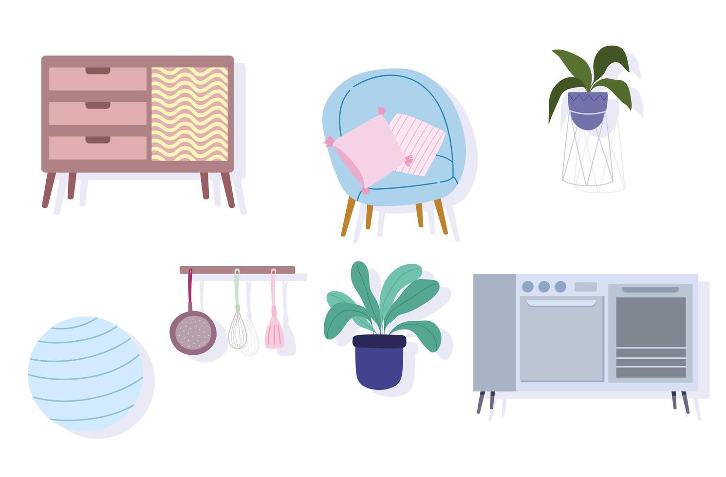 ícones de fogão, móveis, cadeira, bola, planta e talheres vetor