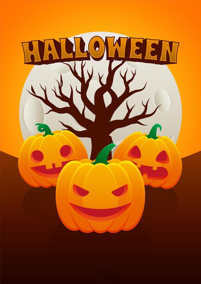 pôster de halloween com jack o lanterns, árvore e lua vetor