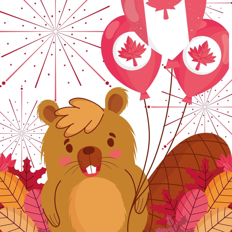 castor com balões canadenses para o feliz dia do Canadá vetor