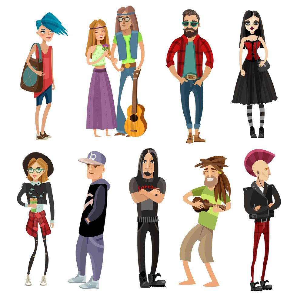 conjunto de personagens de desenhos animados em diferentes subculturas vetor