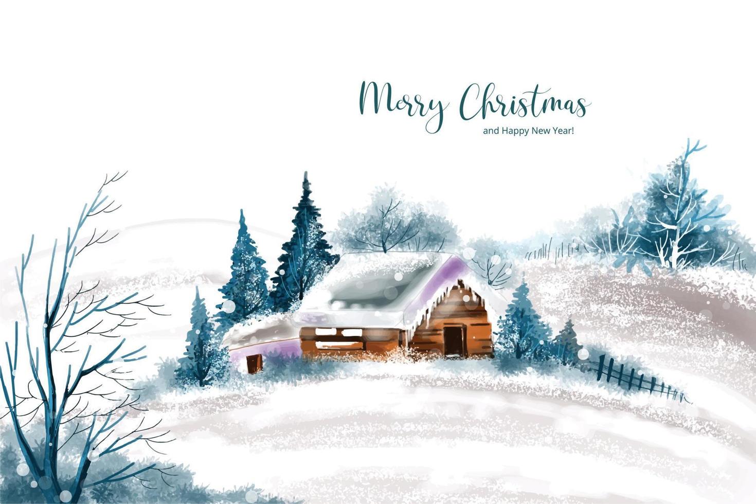 bela paisagem de inverno com casa no fundo do cartão de natal nevado vetor