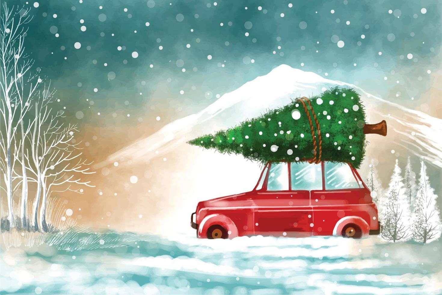 paisagem de inverno elegante com carro no fundo da árvore de natal nevado vetor