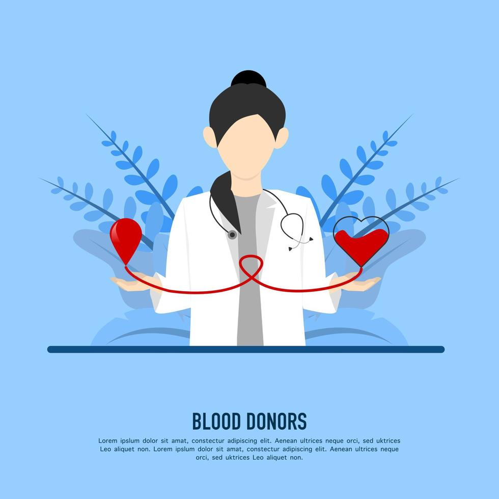 dia mundial do doador de sangue - doador de sangue, médico com a mão segurando a gota de sangue para colocar em recipiente em forma de coração no desenho vetorial de fundo. vetor