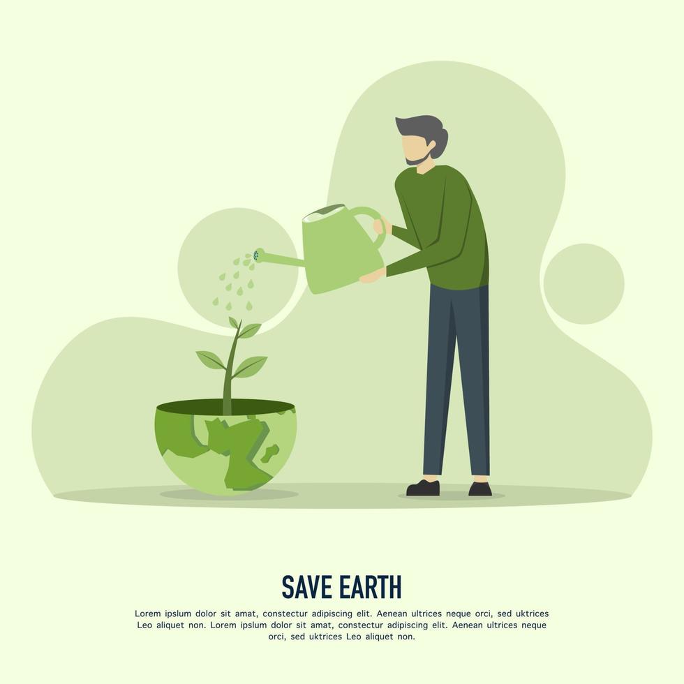 salve a ilustração em vetor conceito planeta. homem regar plantas com recipiente em forma de terra. Dia da Terra. dia internacional da mãe terra. design moderno plano para páginas da web, banners, apresentações, etc.