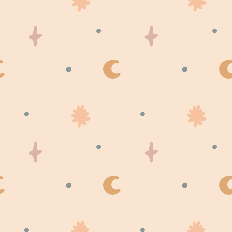 ingênuo pastel padrão lua estrela ponto. papel de parede pastel escandinavo do chá de bebê. design de tecido têxtil para crianças. papel de fundo neutro de vetor boêmio plano