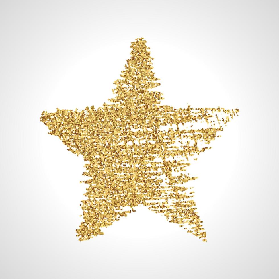 estrela desenhada à mão com efeito de glitter dourados. forma de estrela áspera no estilo doodle com efeito de glitter dourados sobre fundo branco. ilustração vetorial vetor