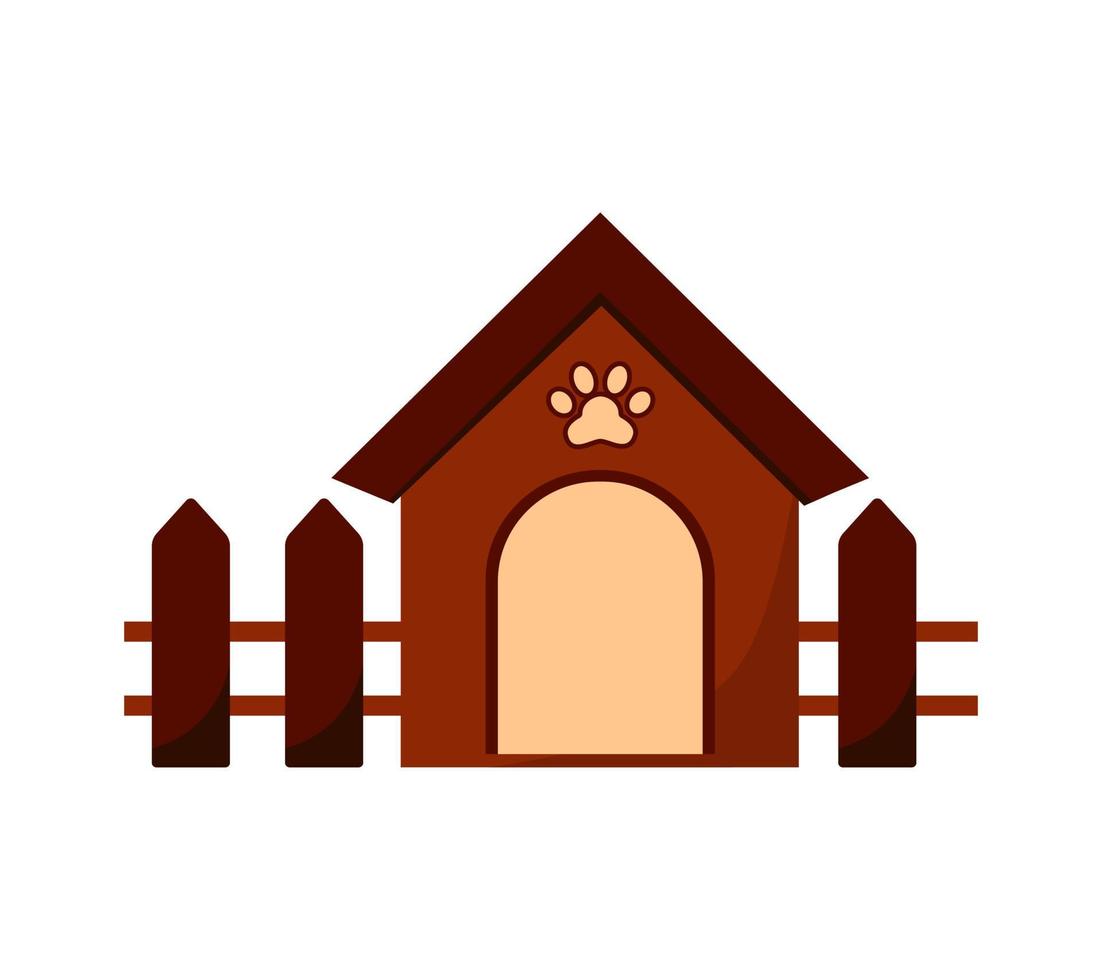 casinha engraçada, canil de madeira em estilo cartoon, isolado no fundo branco. construção infantil em quadrinhos com telhado e cerca de madeira. ilustração vetorial vetor