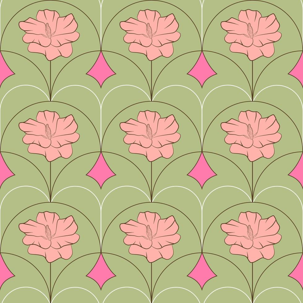 sem costura padrão floral com flor rosa. modelo de impressão de tecido botânico. ilustração vetorial com flores de arte de linha azul em uma fileira. design de papel de parede veneziano ou damasco. vetor