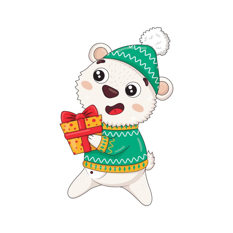 urso polar fofo em uma camisola de malha de inverno e chapéu carrega um presente de natal. vetor