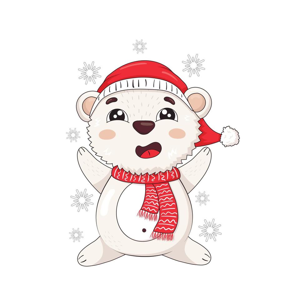 urso polar fofo em um cachecol de inverno de malha e um chapéu de papai noel senta e pega flocos de neve vetor