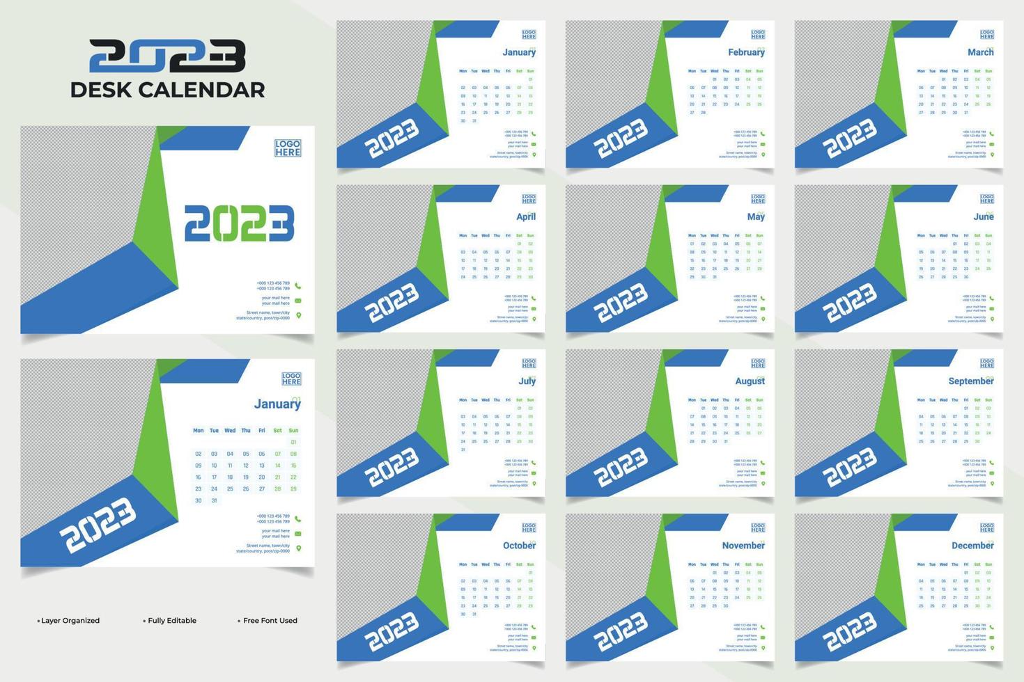 design de modelo de calendário de mesa corporativo moderno e limpo para o ano 2023 vetor