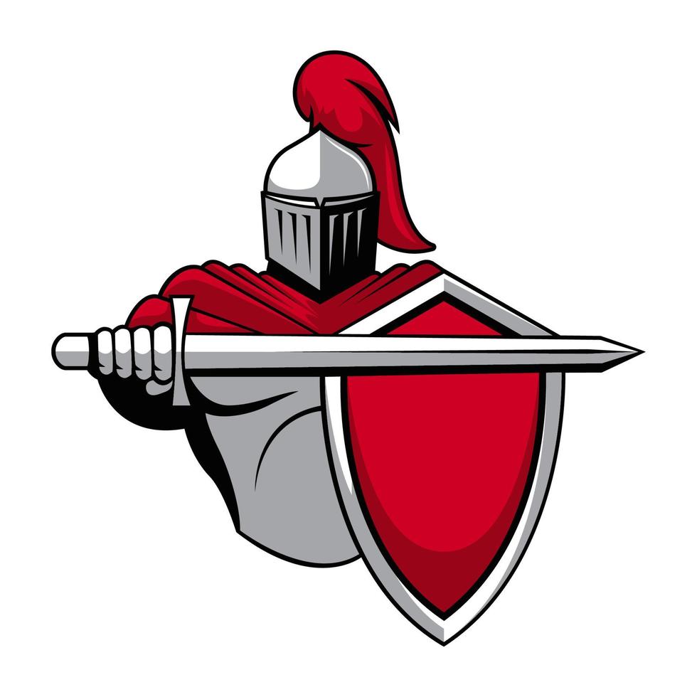 mascote de cavaleiro de espada com design vetorial de ilustração de escudo vetor