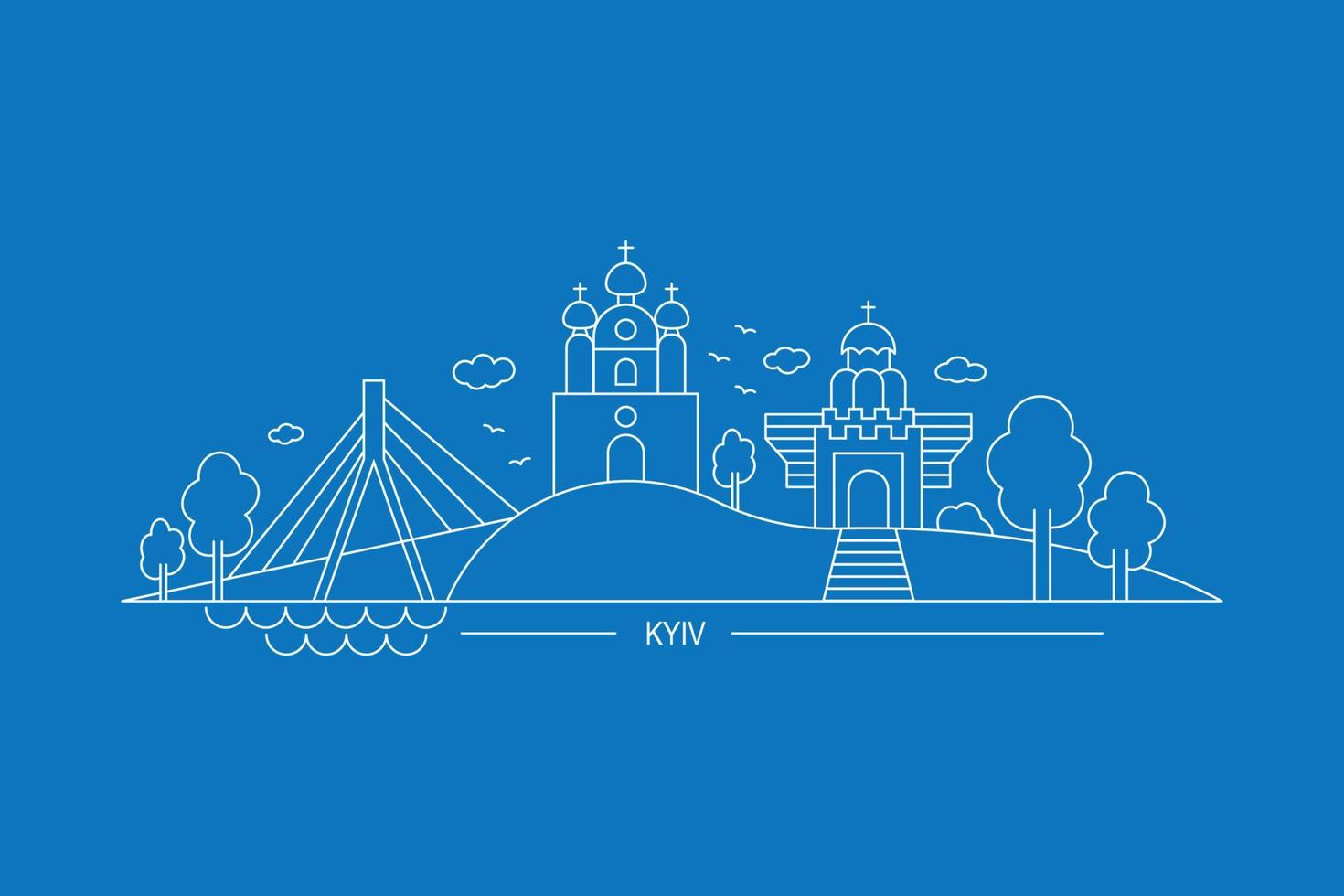 panorama de kyiv, os principais pontos turísticos da capital da ucrânia, vetor plano, arte de linha em um fundo azul, inscrição kyiv