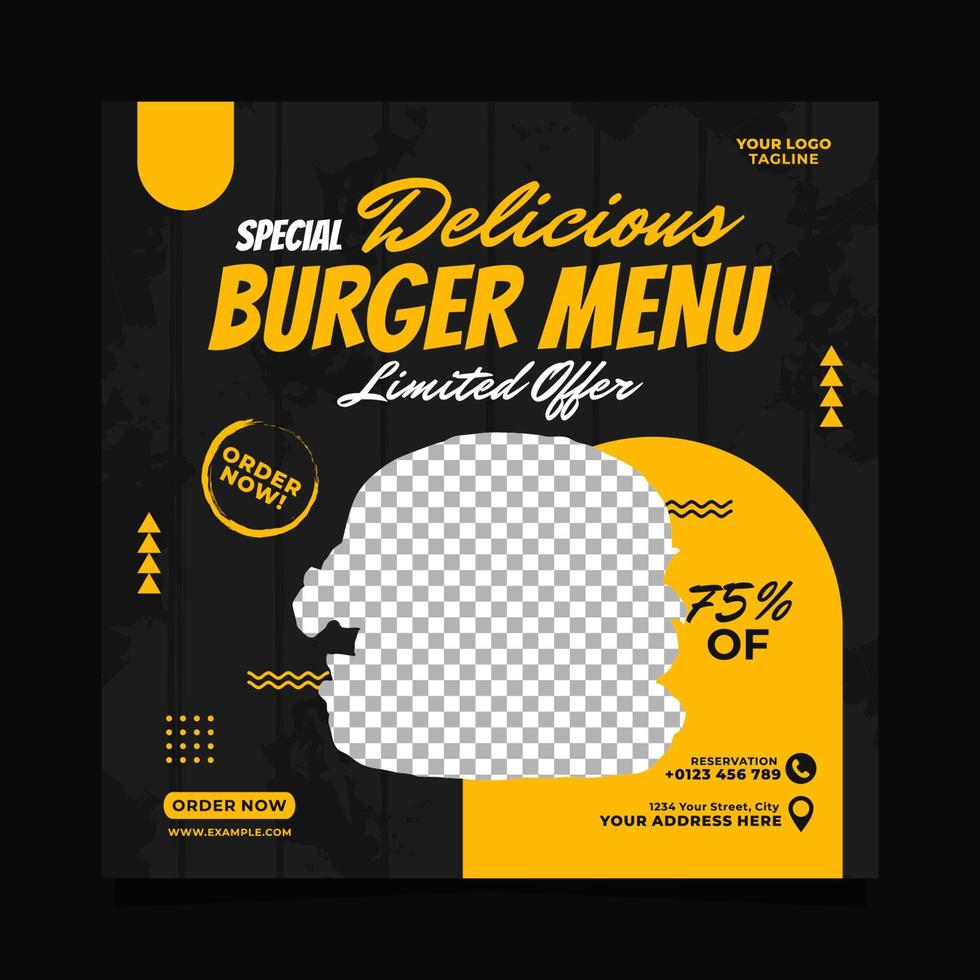 modelo de postagem de mídia social de menu de hambúrguer delicioso especial vetor