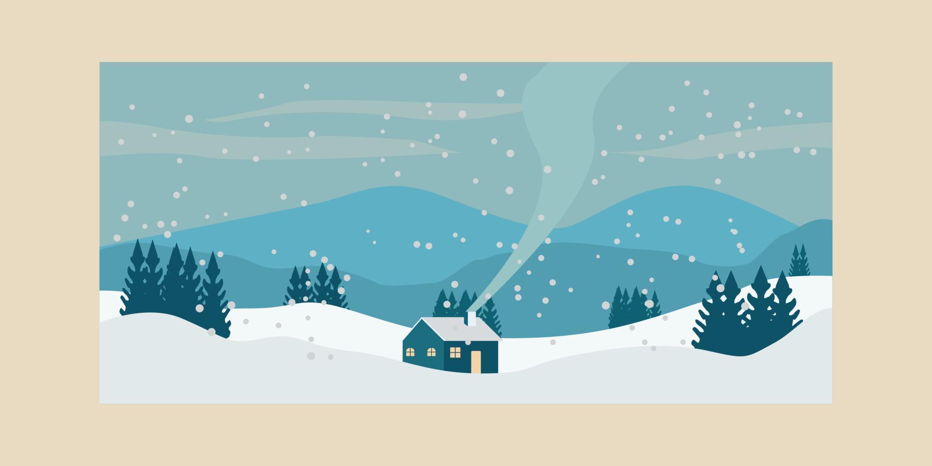 inverno de cartaz vintage de cabine com design de ilustração de fundo de neve de montanha de pinheiro vetor