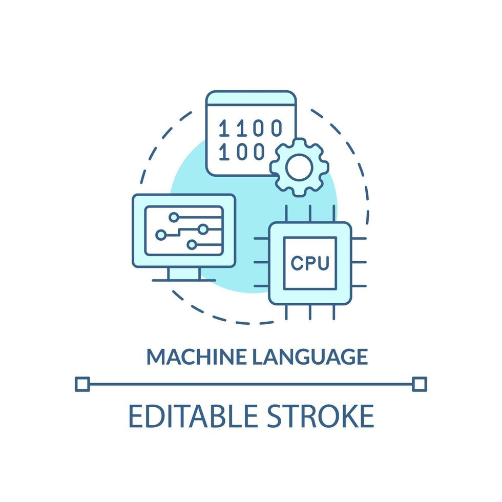 ícone de conceito turquesa de linguagem de máquina. código do objeto. tipo de ilustração de linha fina de idéia abstrata de linguagem de computador. desenho de contorno isolado. traço editável. vetor