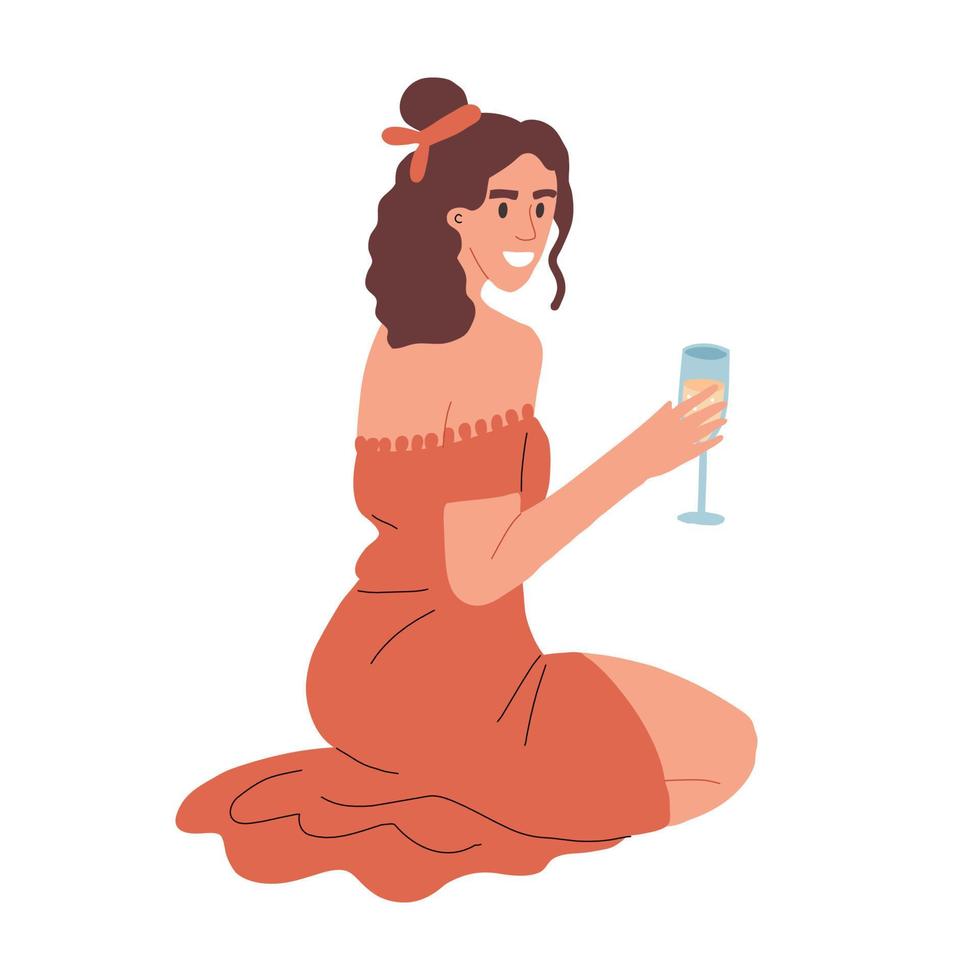 uma linda garota está de cócoras bebendo champanhe. alcoolismo feminino em um piquenique. férias de verão vetor