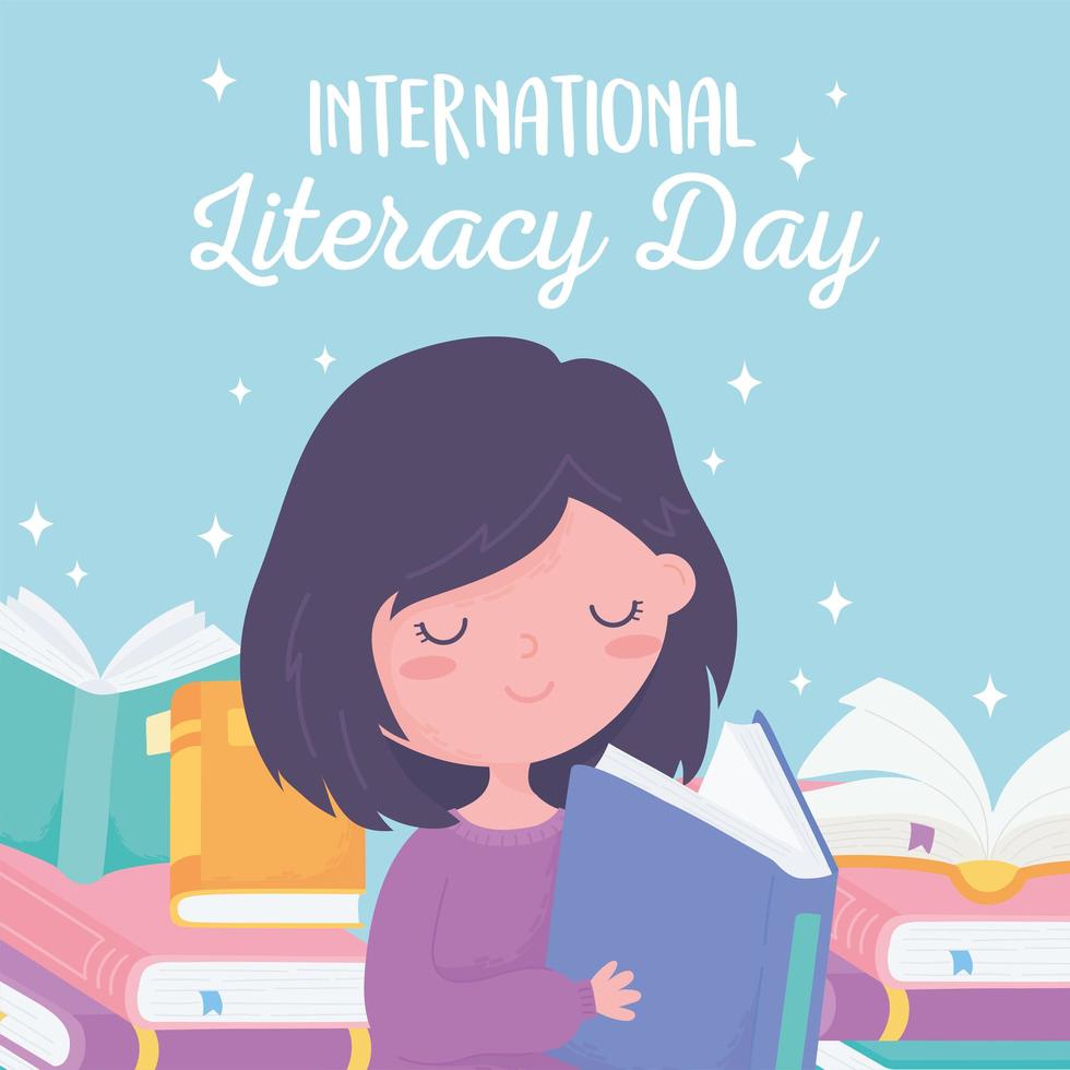dia internacional da alfabetização. menina lendo livro e livros didáticos vetor