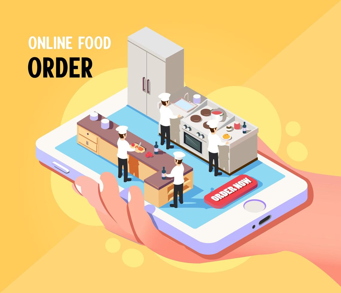 conceito isométrico de serviço de pedido de comida online vetor