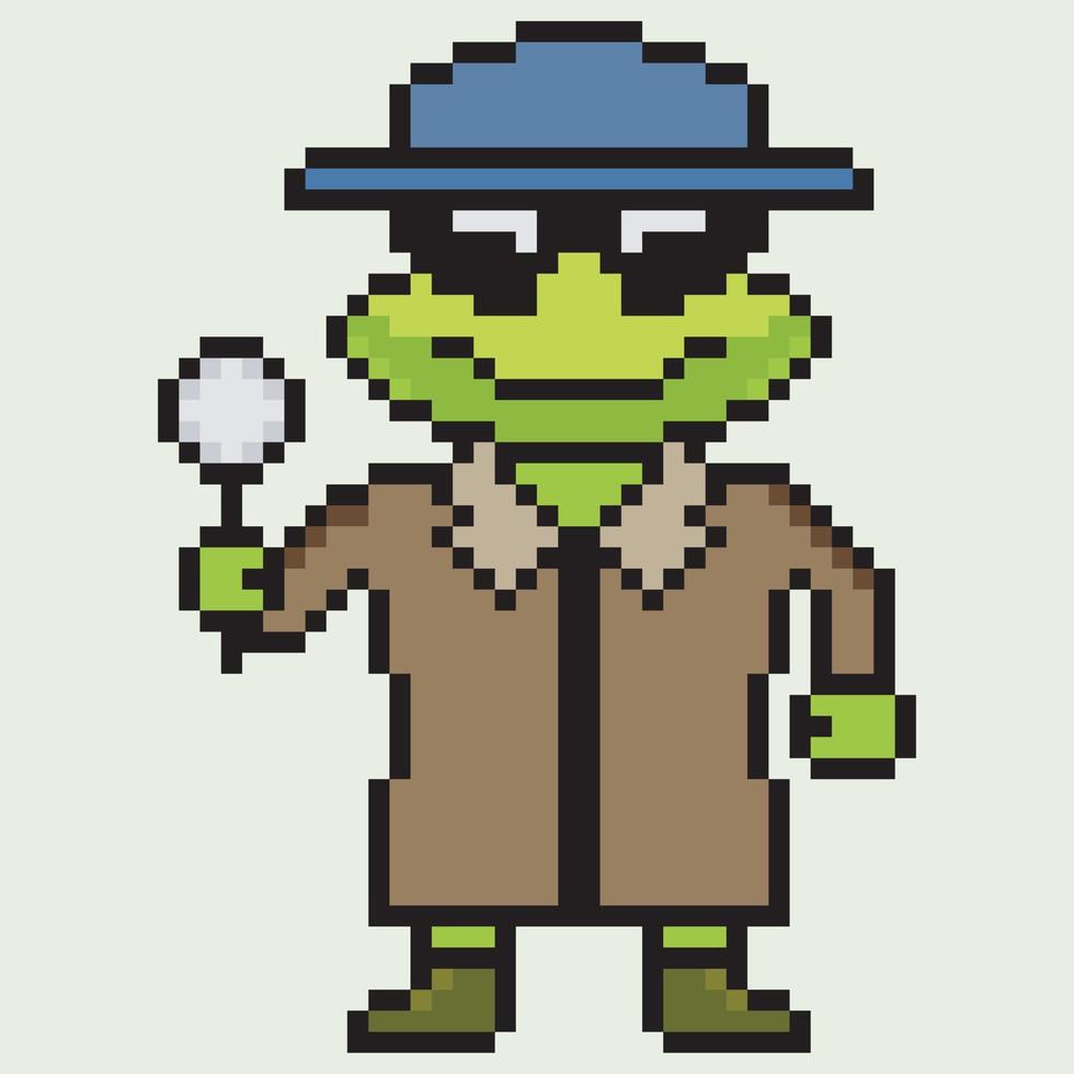 arte de pixel de personagem detetive sapo fofo carregando uma lupa. vetor