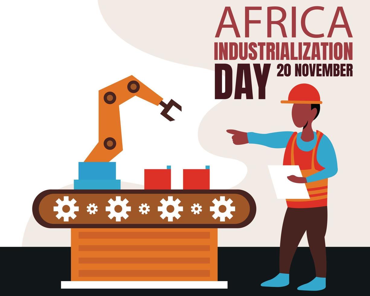 ilustração vetorial gráfico de um trabalhador está supervisionando uma máquina de fábrica operando, perfeito para o dia internacional, dia da industrialização da áfrica, comemorar, cartão de felicitações, etc. vetor