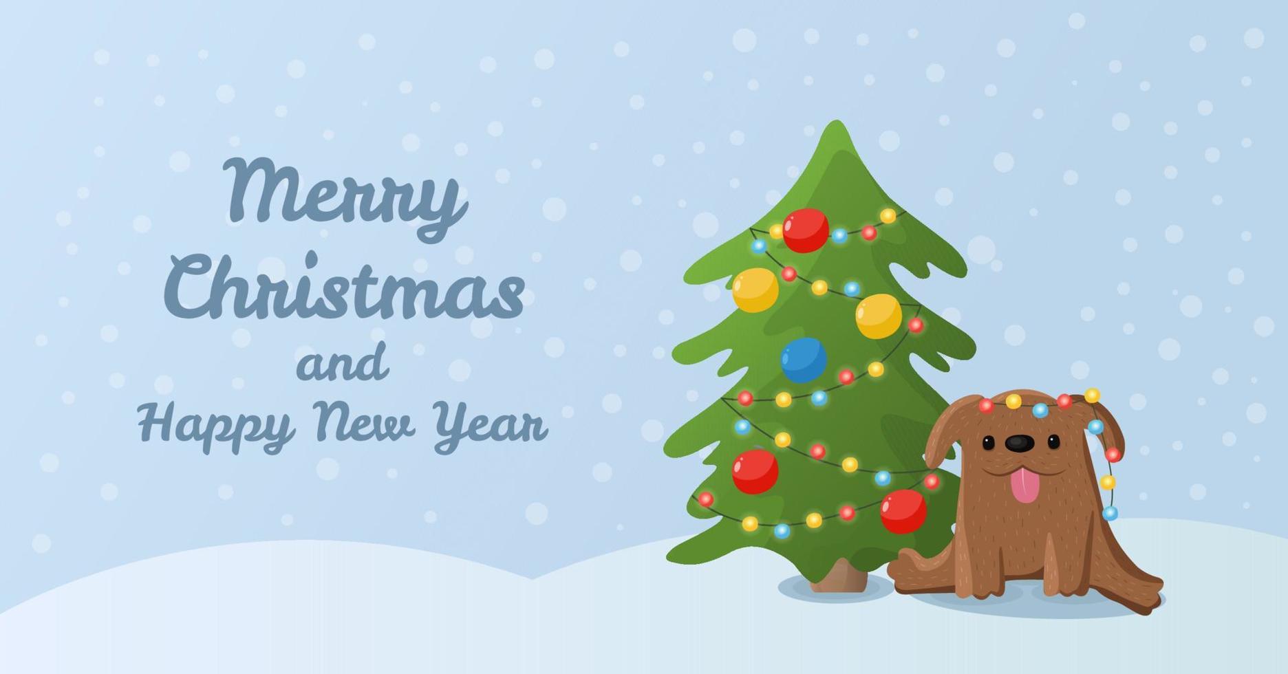 cartão de cumprimentos com um cão bonito dos desenhos animados, decorando a árvore de natal. ilustração sazonal de natal bonito em estilo cartoon plana. vetor