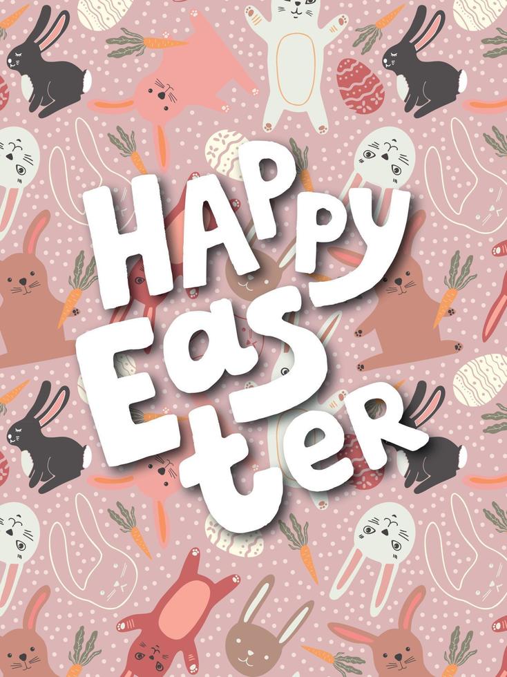 cartão de feliz páscoa com coelhos e ovos. ilustração infantil fofa. vetor
