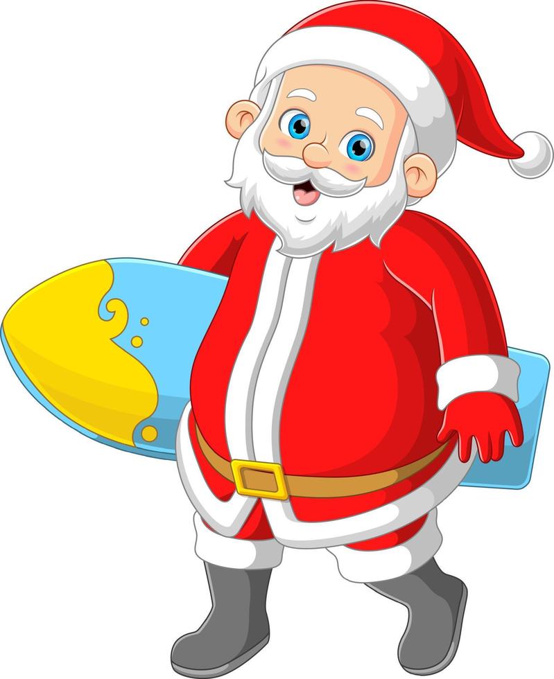 papai noel carregando grande prancha de surf vetor