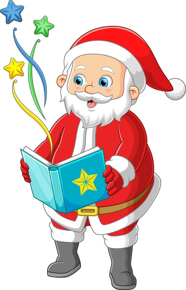 papai noel lendo um livro mágico vetor