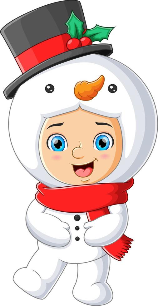 o menino feliz está vestindo e brincando com a fantasia de boneco de neve vetor