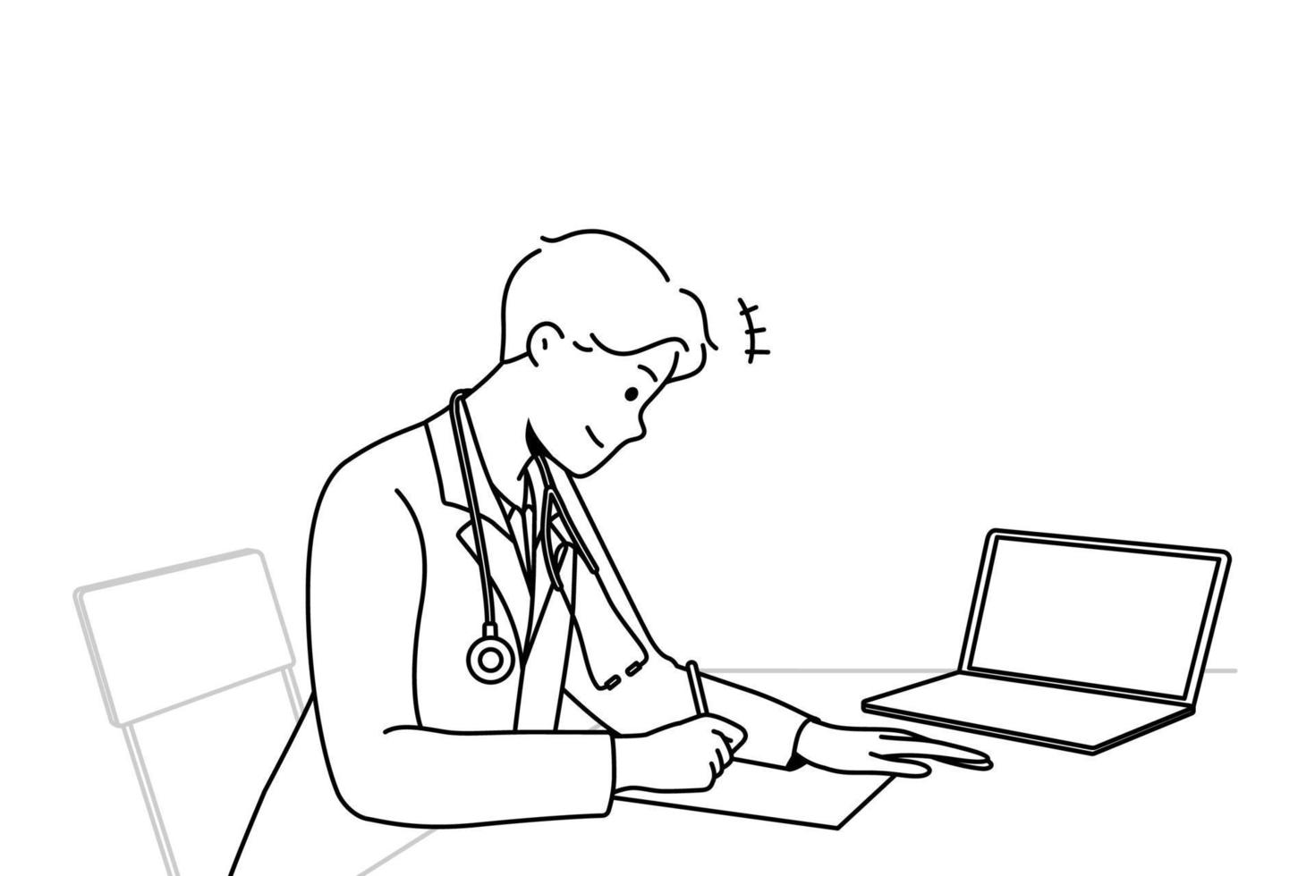 médico do sexo masculino sente-se à mesa no trabalho do hospital no laptop, escreva a prescrição para o paciente. homem moderno gp na clínica manuscrita na revista médica. medicamento. ilustração vetorial. vetor