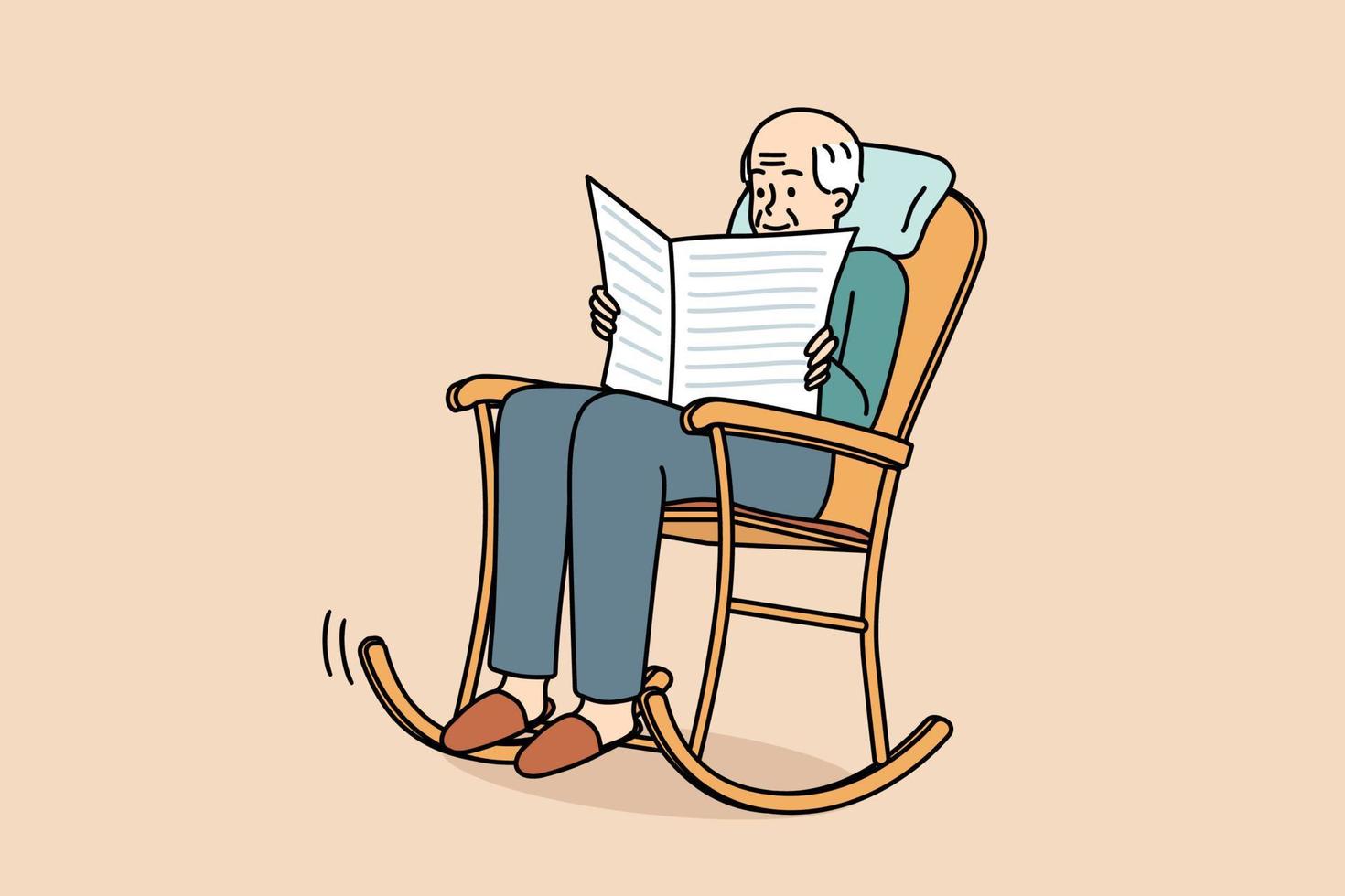 homem idoso sente-se na cadeira de balanço lendo jornal. velho avô grisalho relaxar na poltrona desfrutar de imprensa. feliz maturidade calma. ilustração vetorial. vetor