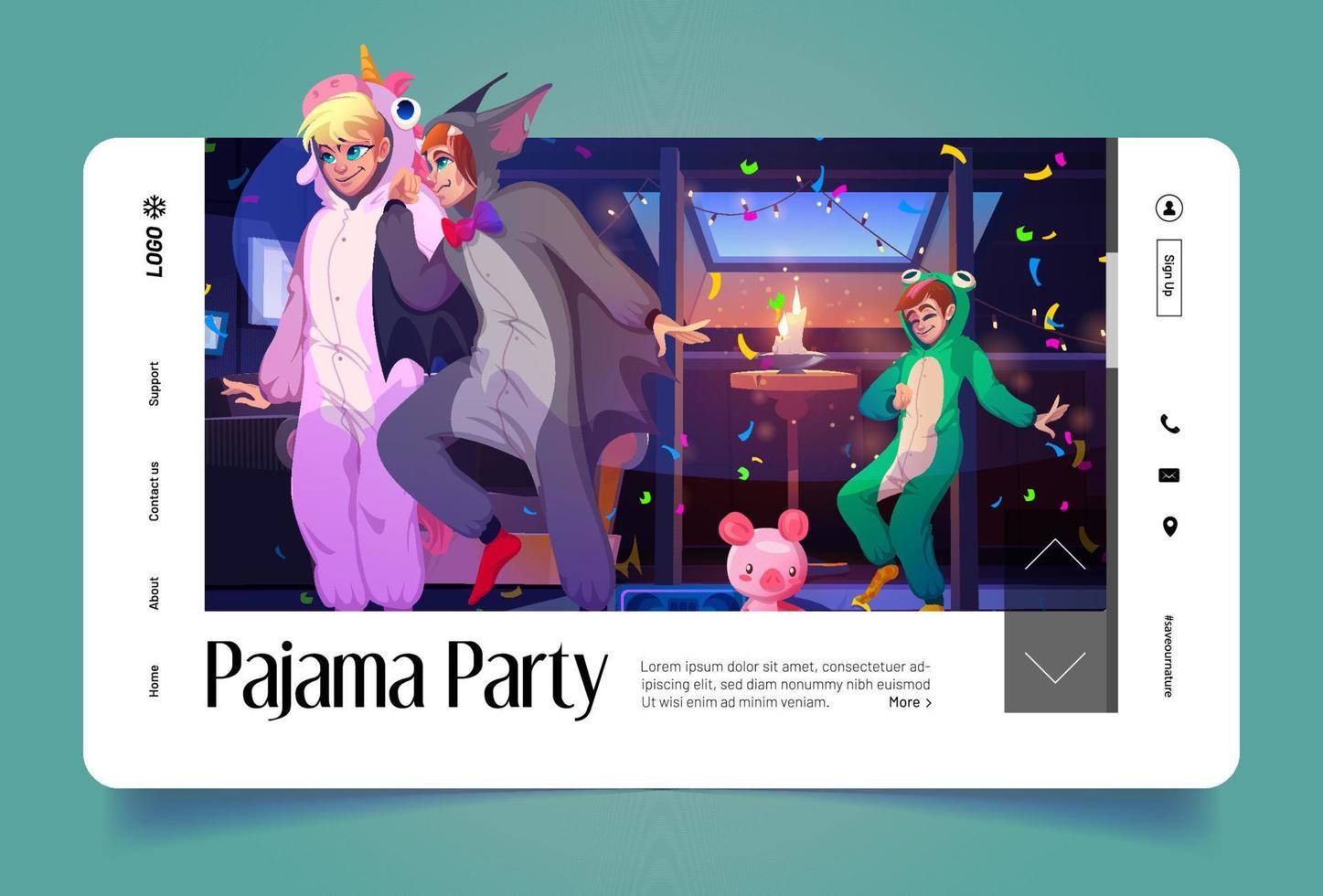 banner de festa do pijama com pessoas em kigurumi vetor