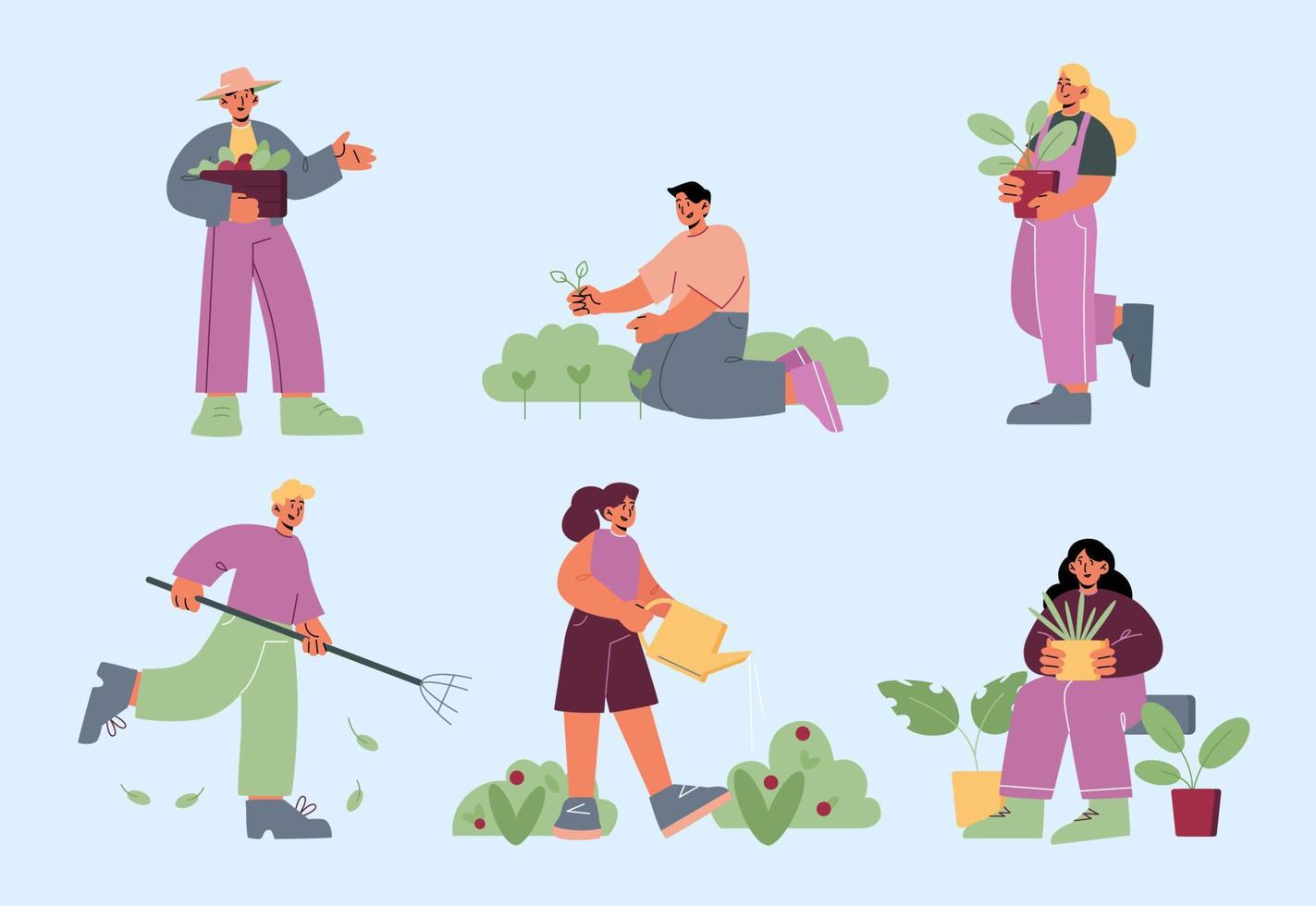 personagens de agricultores felizes trabalhando no jardim de verão vetor