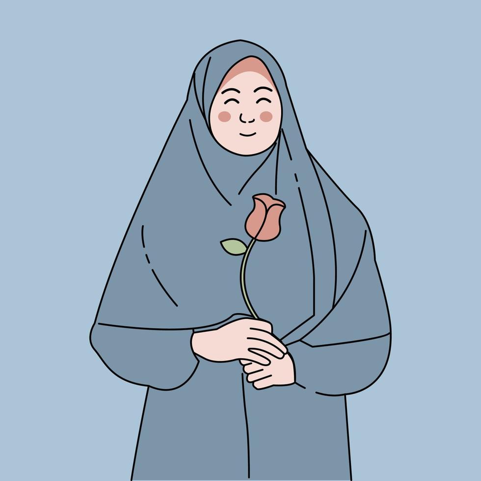mulher muçulmana segurando ilustração de flor rosa vetor