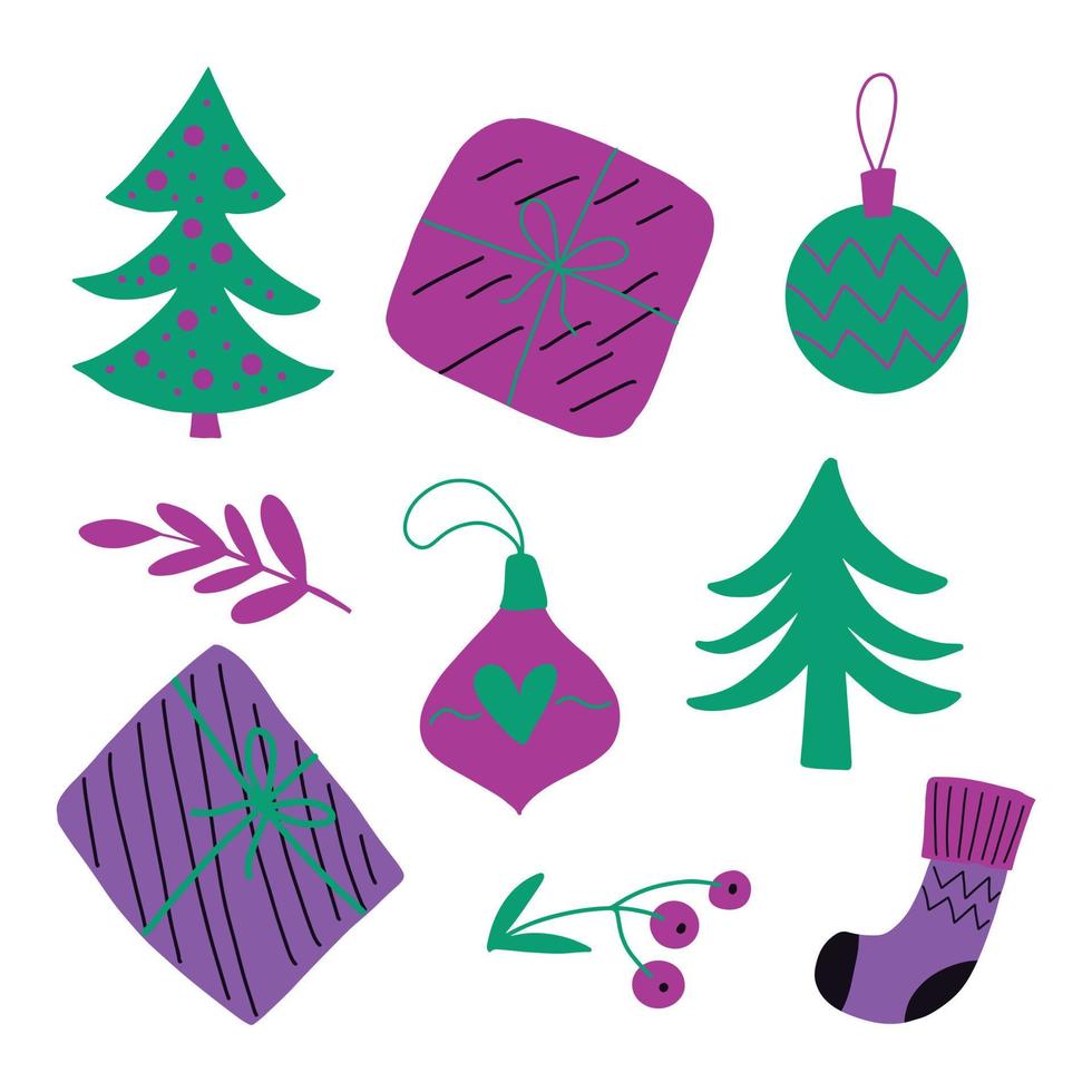 bonito doodle de natal cenografia com rabiscos desenhados à mão - árvore de natal, bugiganga de vidro, caixa de presente, meia, galho. desenho infantil ingênuo simples, festivo sazonal de ano novo vetor