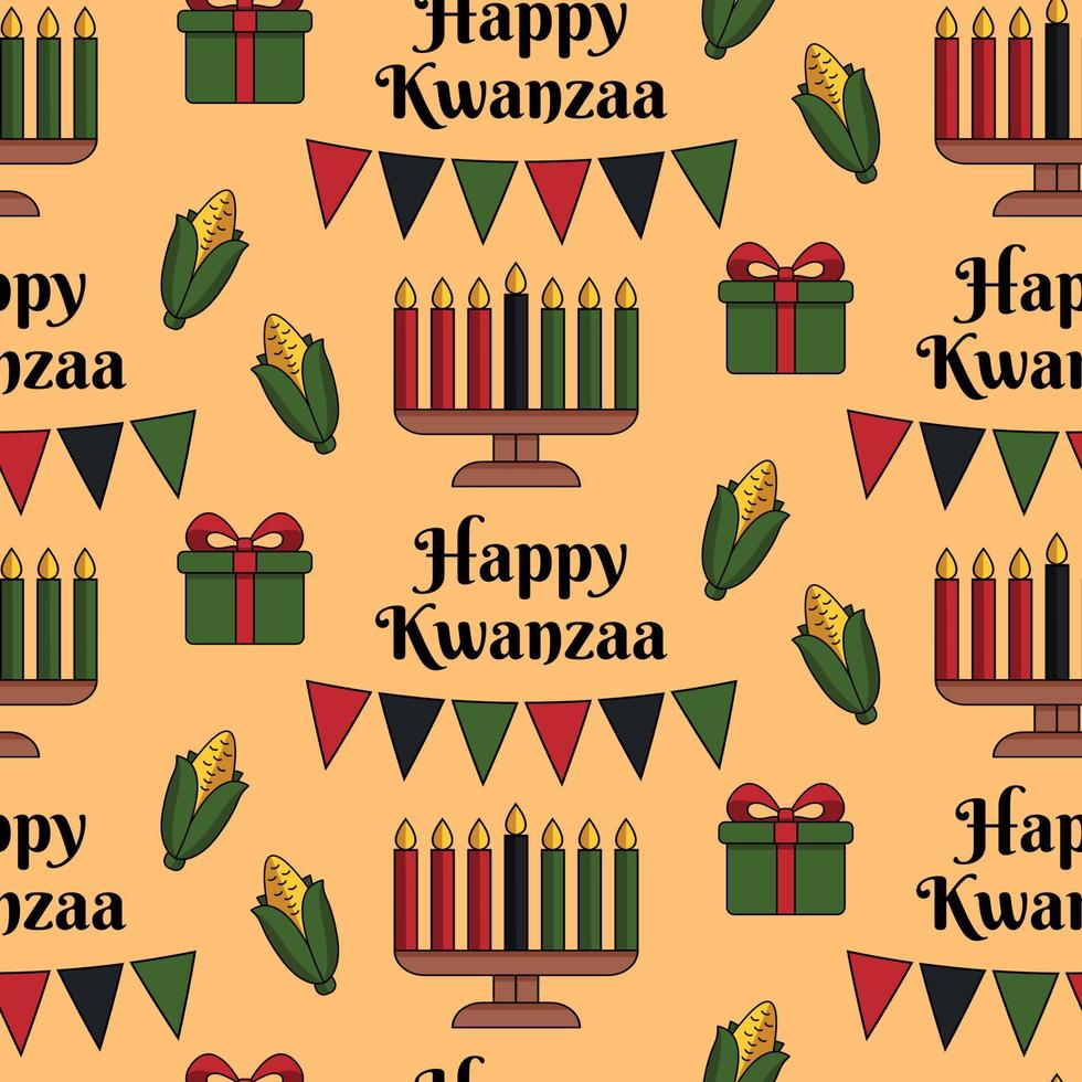 feliz kwanzaa sem costura de fundo em estilo moderno simples com castiçal kinara, milho, caixa de presente, texto. design de papel de parede vetorial, papel de embrulho, impressão, design têxtil, textura repetida vetor