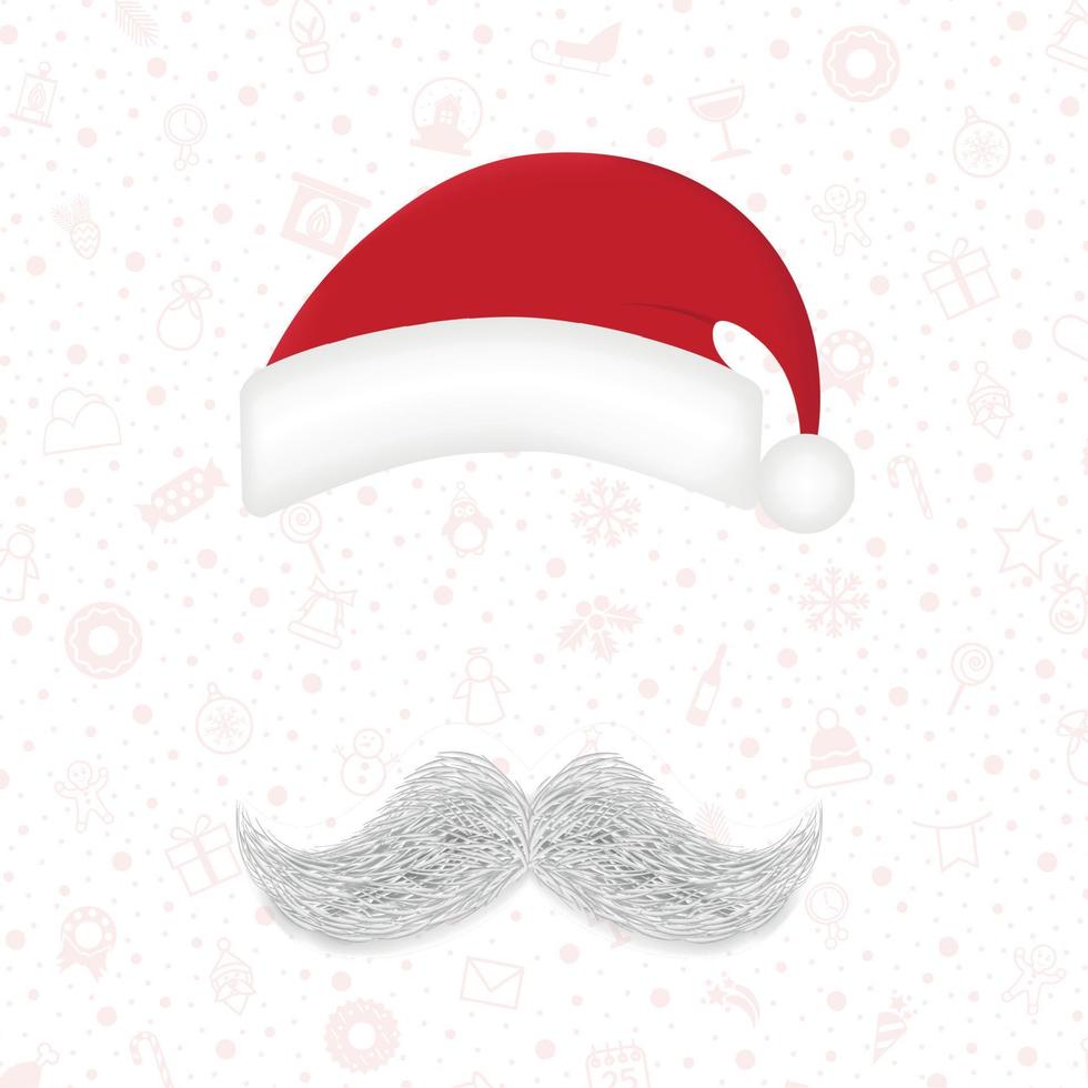 bigode cinza branco realista, chapéu de férias, elemento de papai noel, ano novo de natal em fundo vermelho - vetor