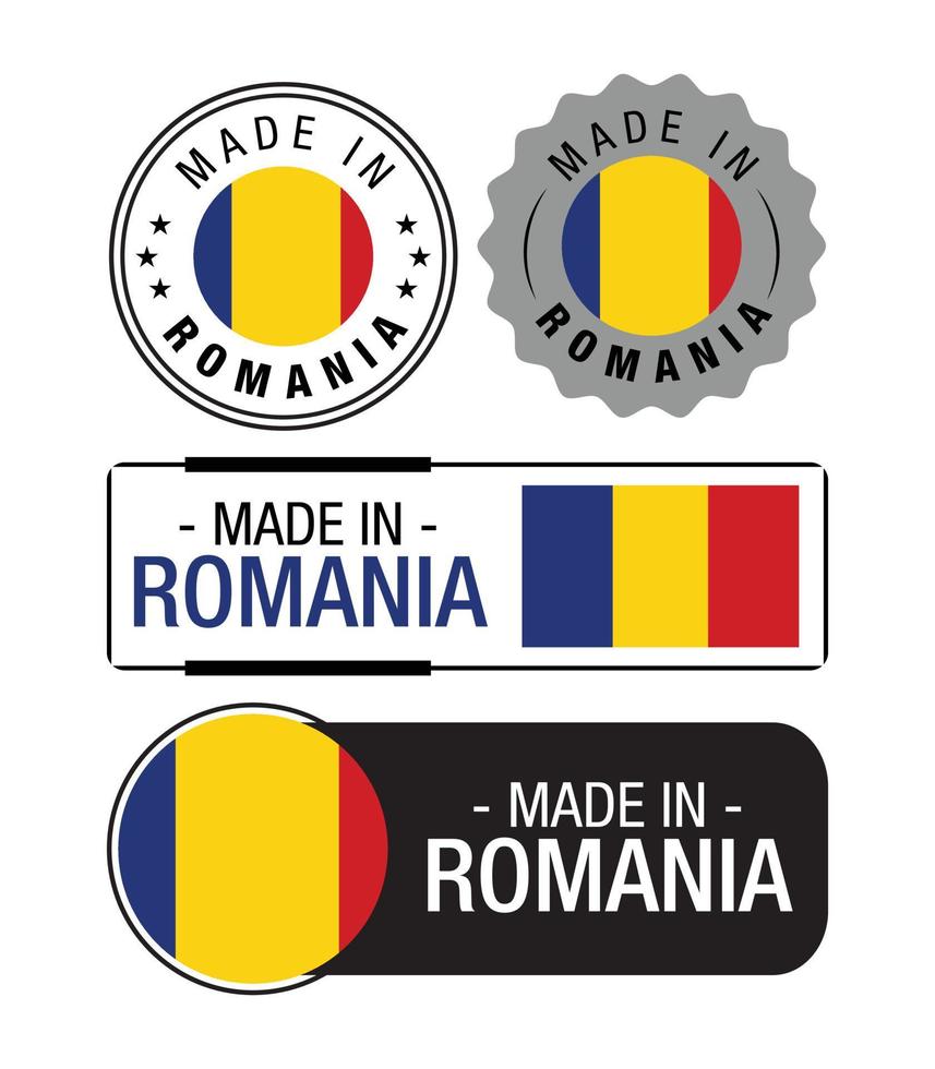 conjunto de rótulos feitos na Romênia, logotipo, bandeira da Romênia, emblema do produto da Romênia vetor