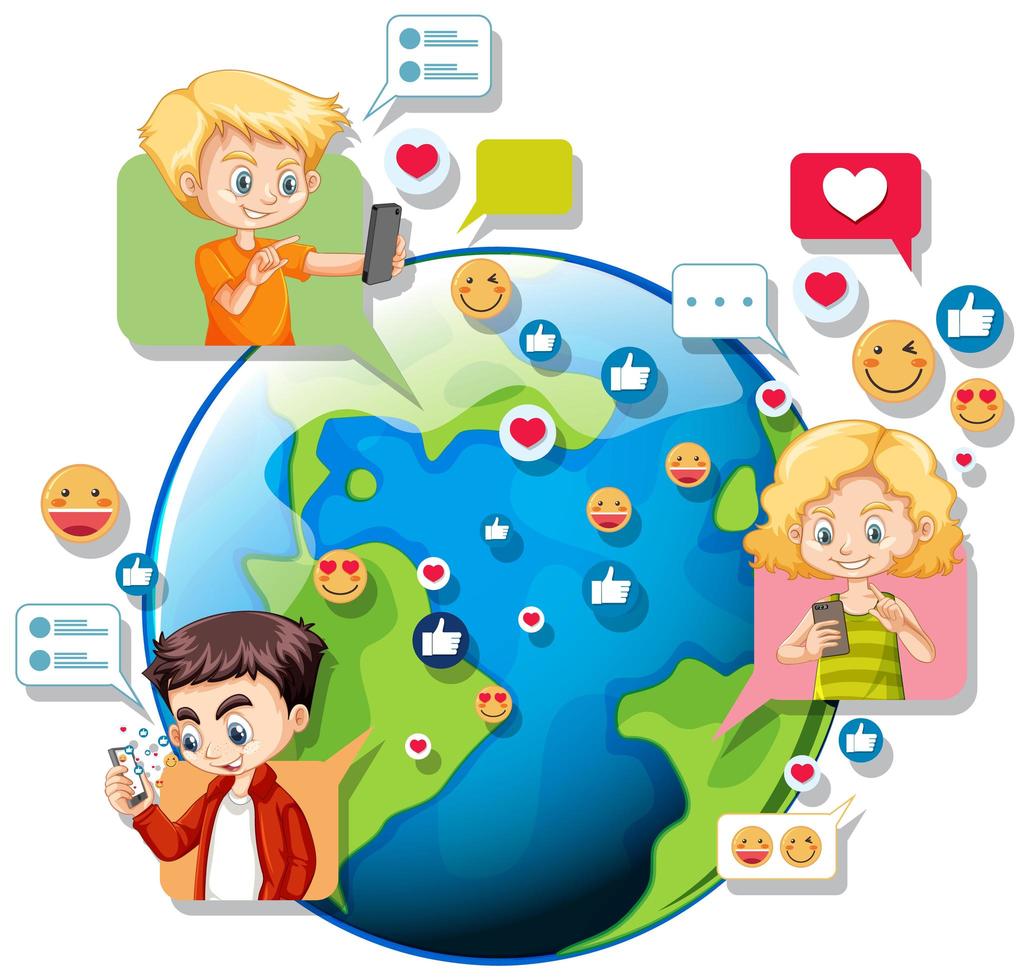 crianças com elementos de mídia social no globo terrestre vetor