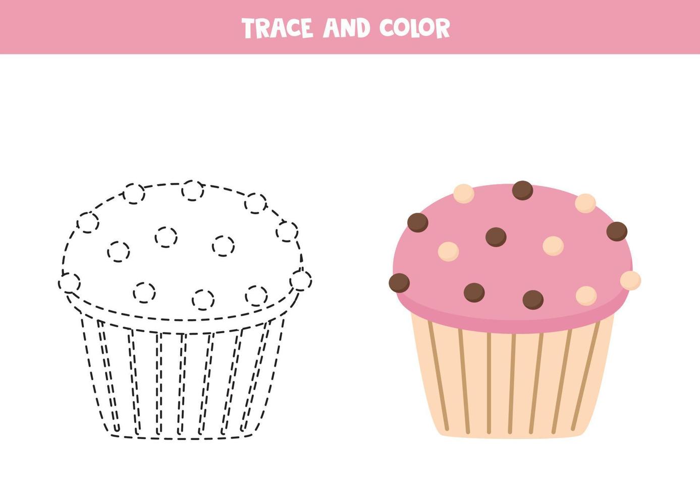 trace e colore o cupcake dos desenhos animados. planilha para crianças. vetor