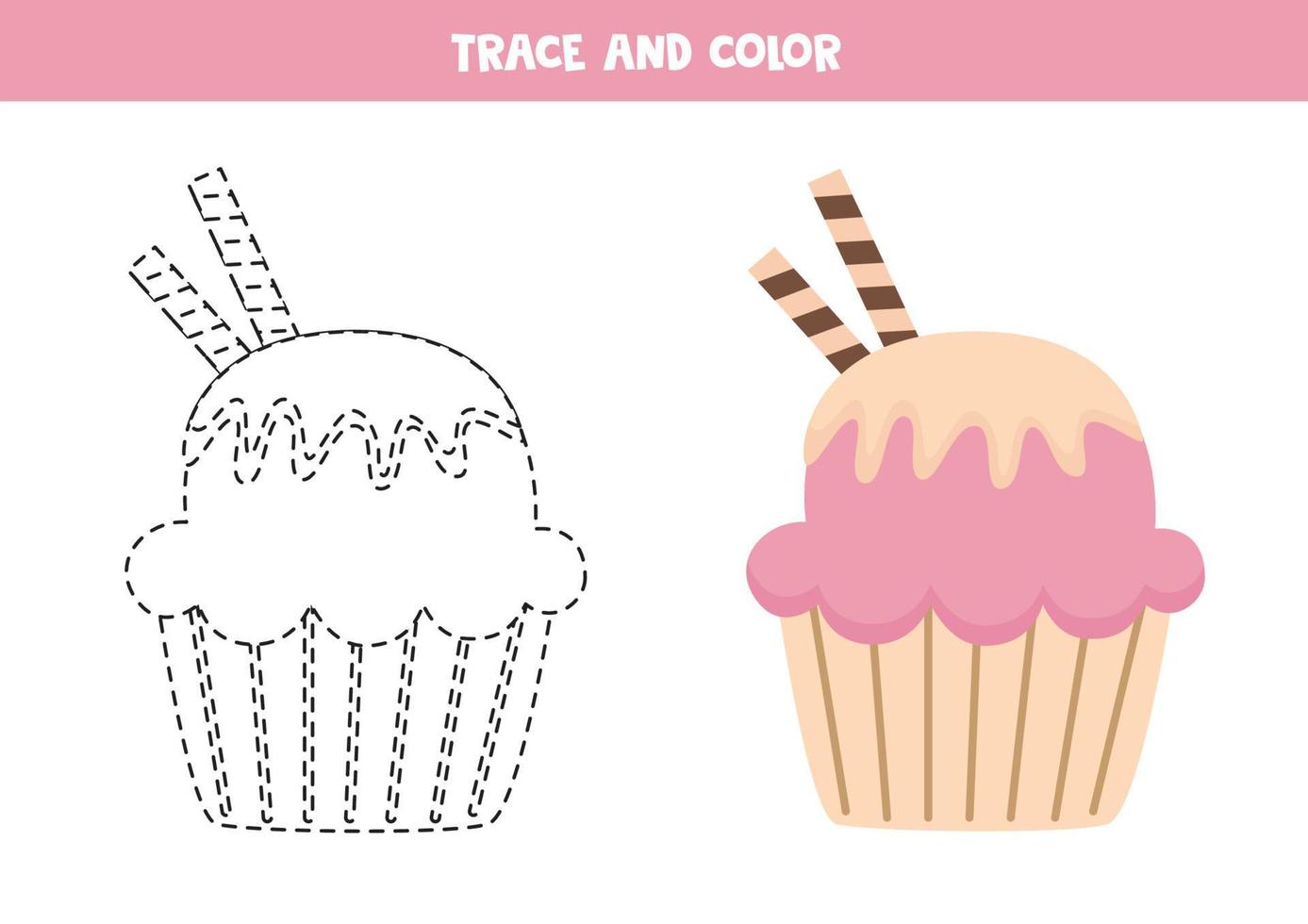 trace e colore o cupcake dos desenhos animados. planilha para crianças. vetor