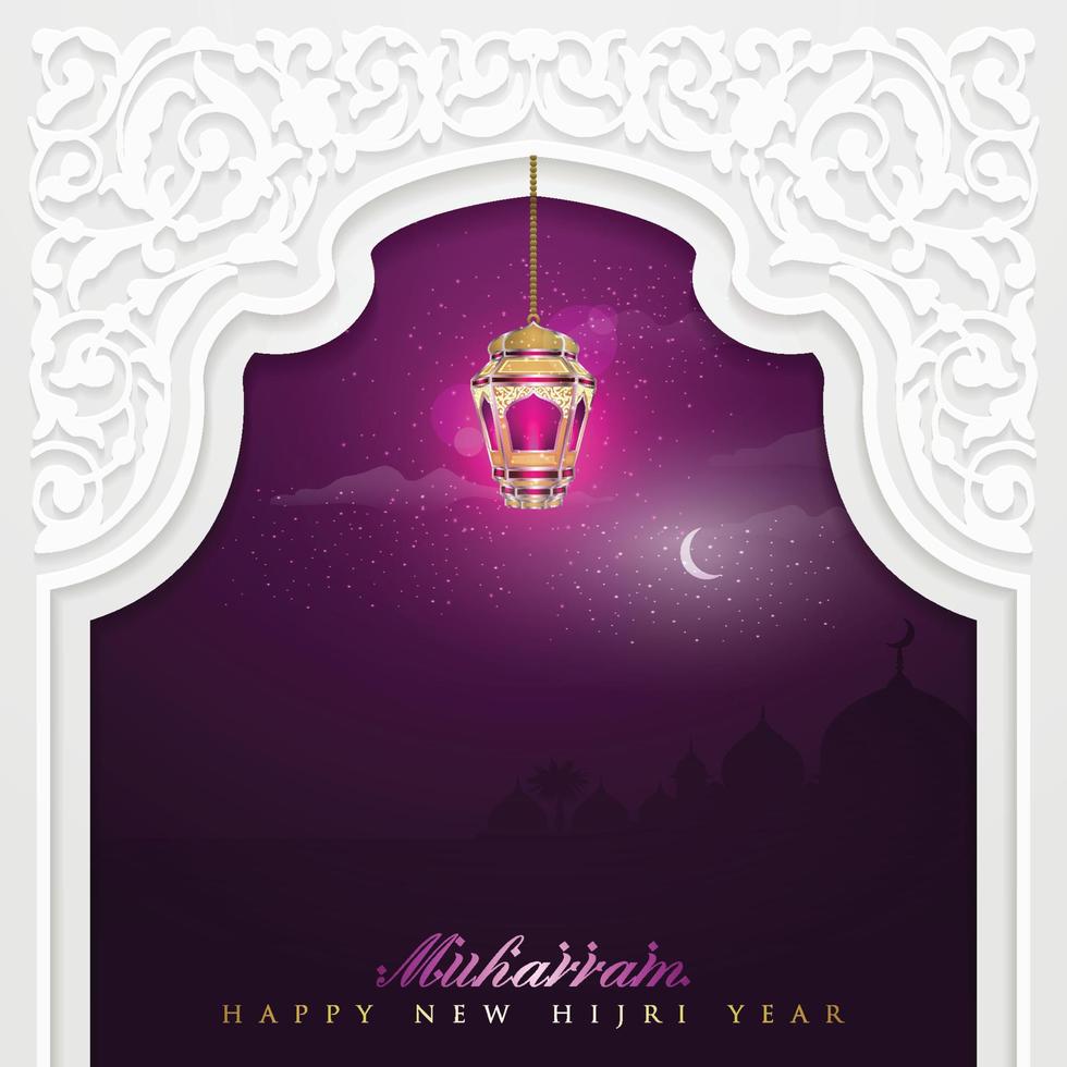 feliz novo ano hijri muharram saudação design de vetor de fundo islâmico com caligrafia árabe, crescente, lanterna e kaaba para papel de parede, banner, capa, brosur, ilustração e decoração